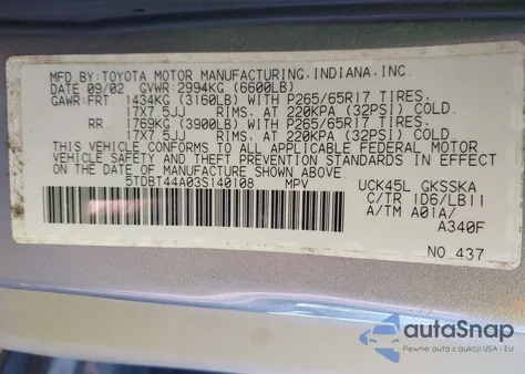 2003 Toyota Sequoia Sr5 V8 z USA, uszkodzony, nr VIN 5TDBT44A03S140108